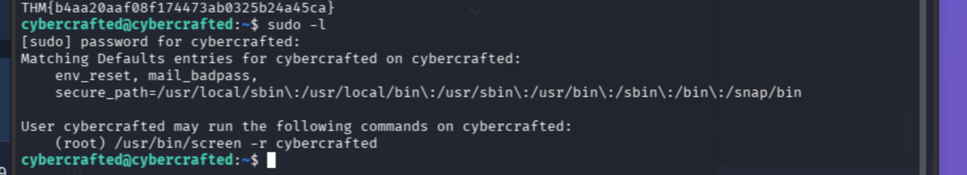 sudo -l showing /usr/bin/screen as permitted